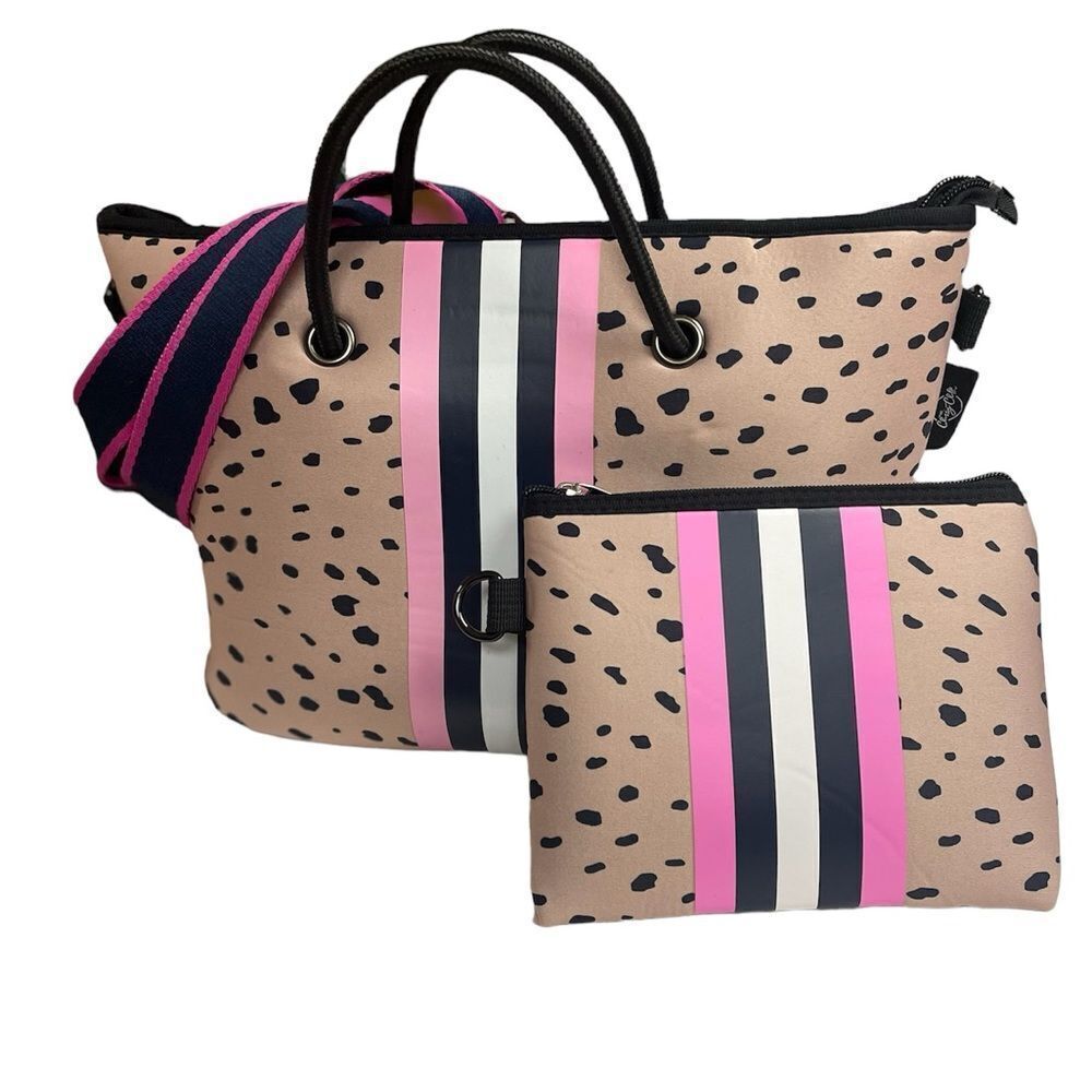 Neoprene tote & clutch, pink with black spots, zipper closure & backpack strap